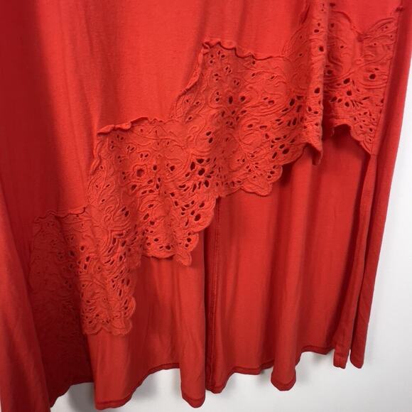 Chico's Red Orange Tunic Top Size 2 Lace Trim Hi-Lo Asymmetrical Hem 3/4 Sleeve - Picture 6 of 8